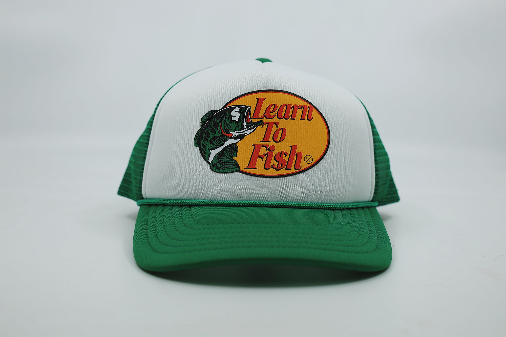 Men's Fishing Cap Outdoor Bass Fisherman Trucker Hat, White/Kelly Green